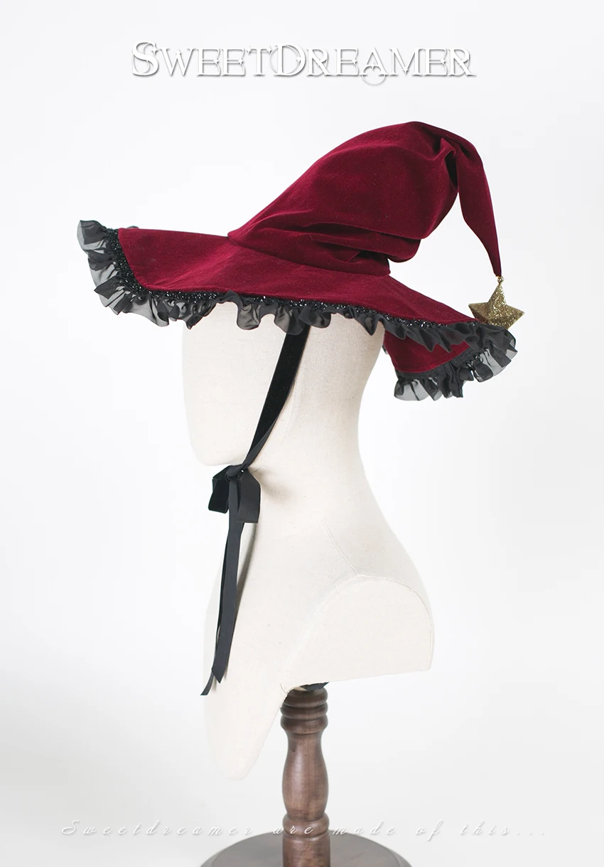 Вечерние шапки для Хэллоуина в стиле Лолиты со звездами и кружевами, шляпа ведьмы, маскарадная повязка с бантом, бархатная шапка ведьмы, готический остроконечный карнавальный костюм, Кепка - Цвет: Красный