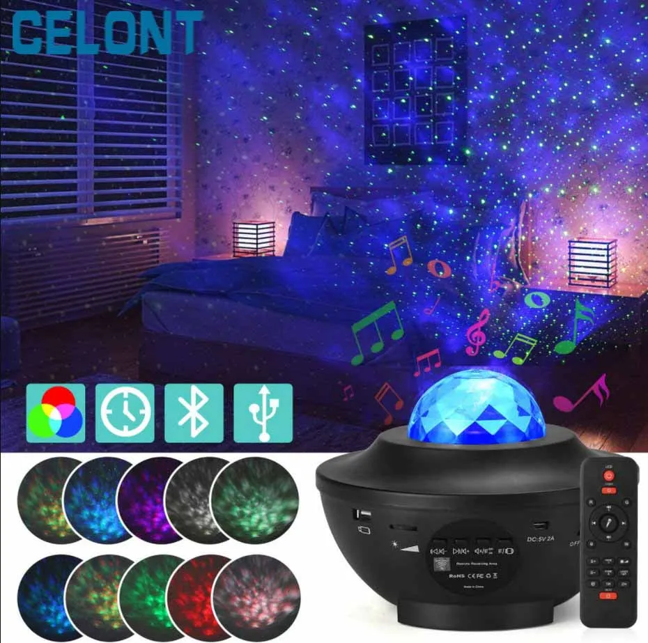 LED Star Ocean Wave Projector Night Light Galaxy Starry Sky Projector Night Lamp With Music Bluetooth Speaker For Childrens