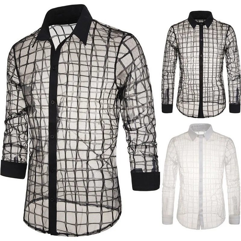 

2019 Men's Stage Lace Shirts Fashion Lace Transparent Plaid Outwears Shirts Autumn Casual Long Sleeve Stand Collar Sweatshirts