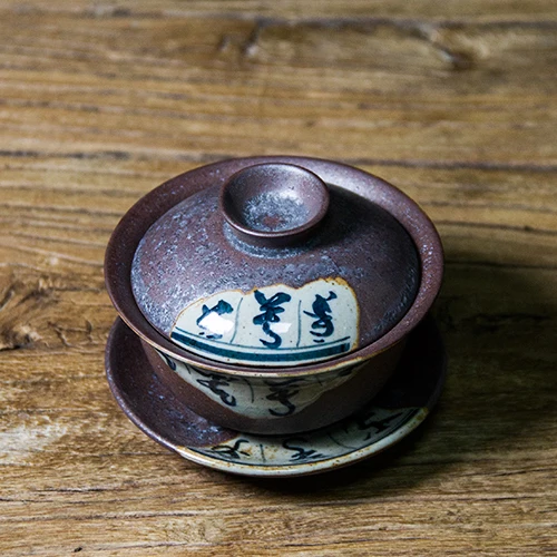 120ml Antique Gaiwan For Tea Pottery Tureen With Lid Word Teaware Kung Fu Tea Ceremony Set Coffee Cups Bowls Vintage Chawan