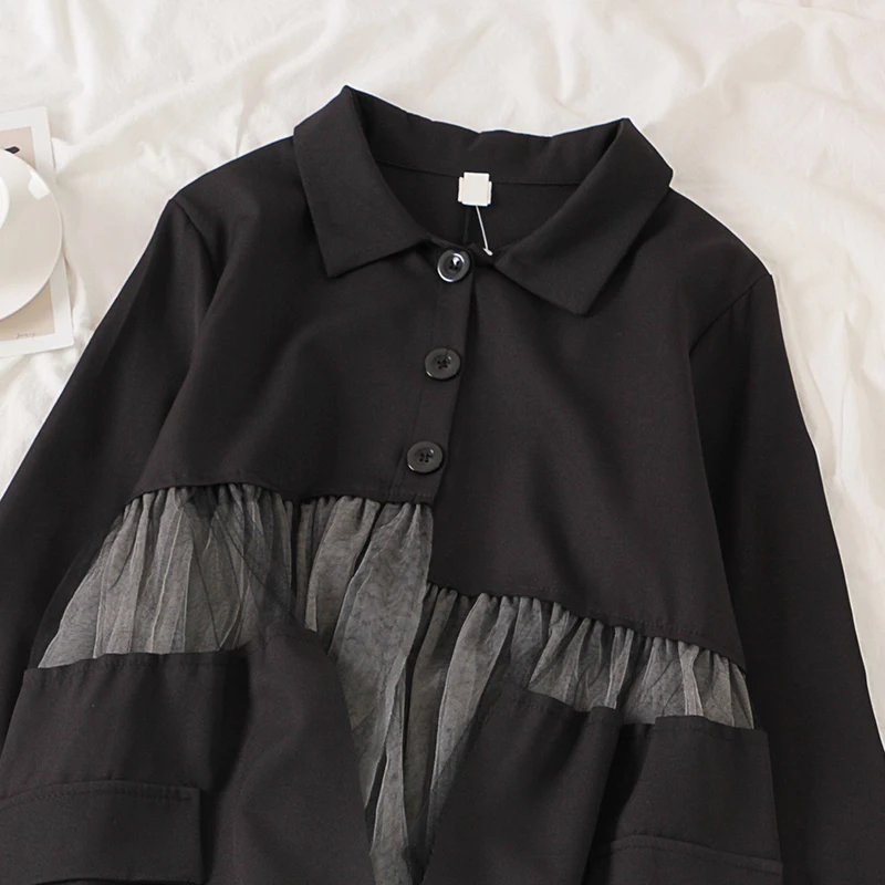 Blusas mujer de moda кепки, кепки в стиле женские сапоги в Корейском стиле; топы и блузки на пуговицах с отложным воротником в стиле пэчворк из сетчатого материала в уличном стиле черные рубашки
