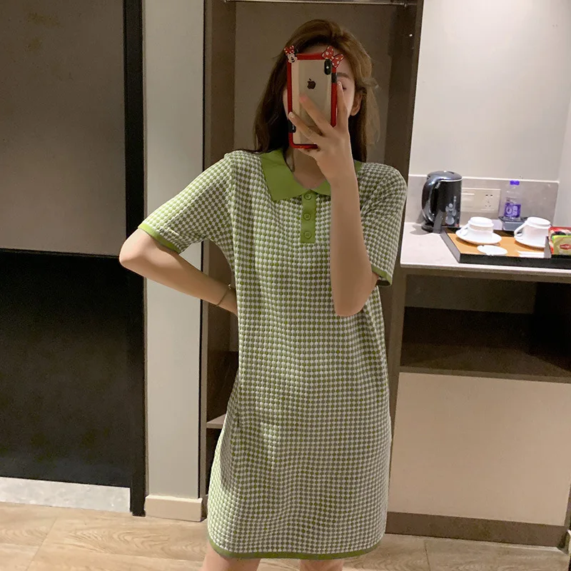 

Avocado Green Dress Summer 2019 New Style Graceful Polo Small Fold-down Collar Loose-Fit Slimming Skirt Women's F7407