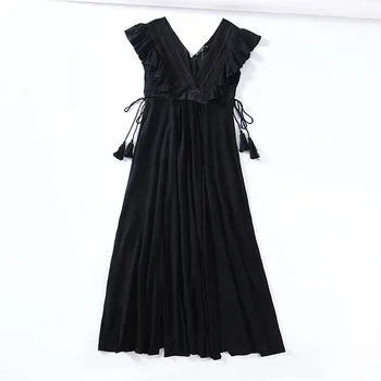 

Women Sexy Lace Patchwork Maxi Dress Deep V Neck Tassel Tie Sashes Ruffles Split Hollow Out Female Long Dresses