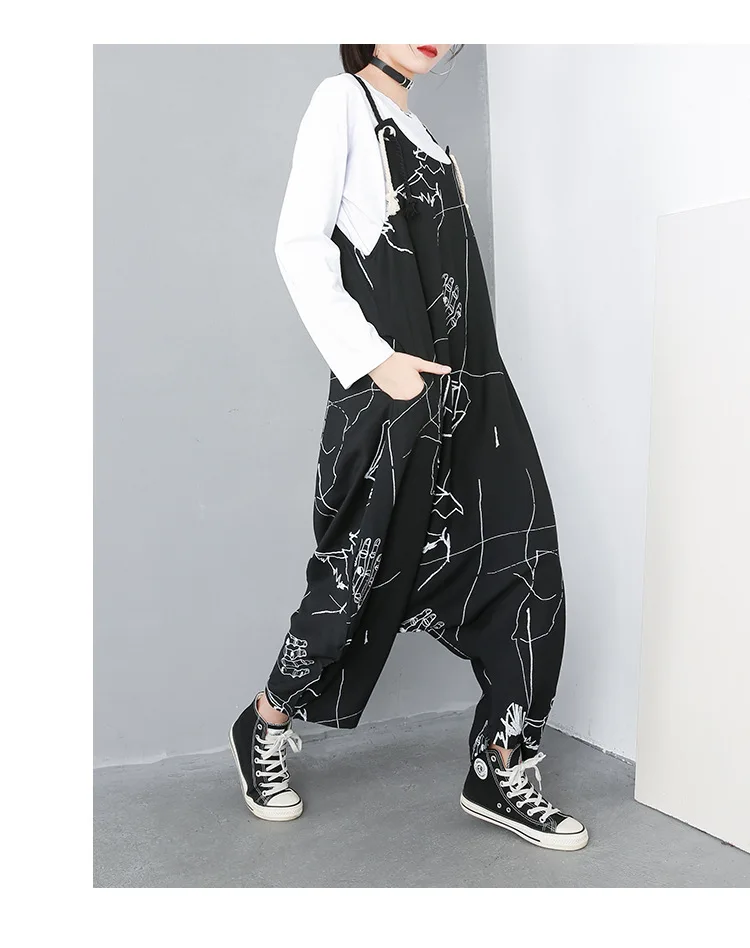 Fashion Tide Spring New Print Hanging Conjoin Jumpsuit Black Personality Street Large Size Trousers Female's Pants YG59111