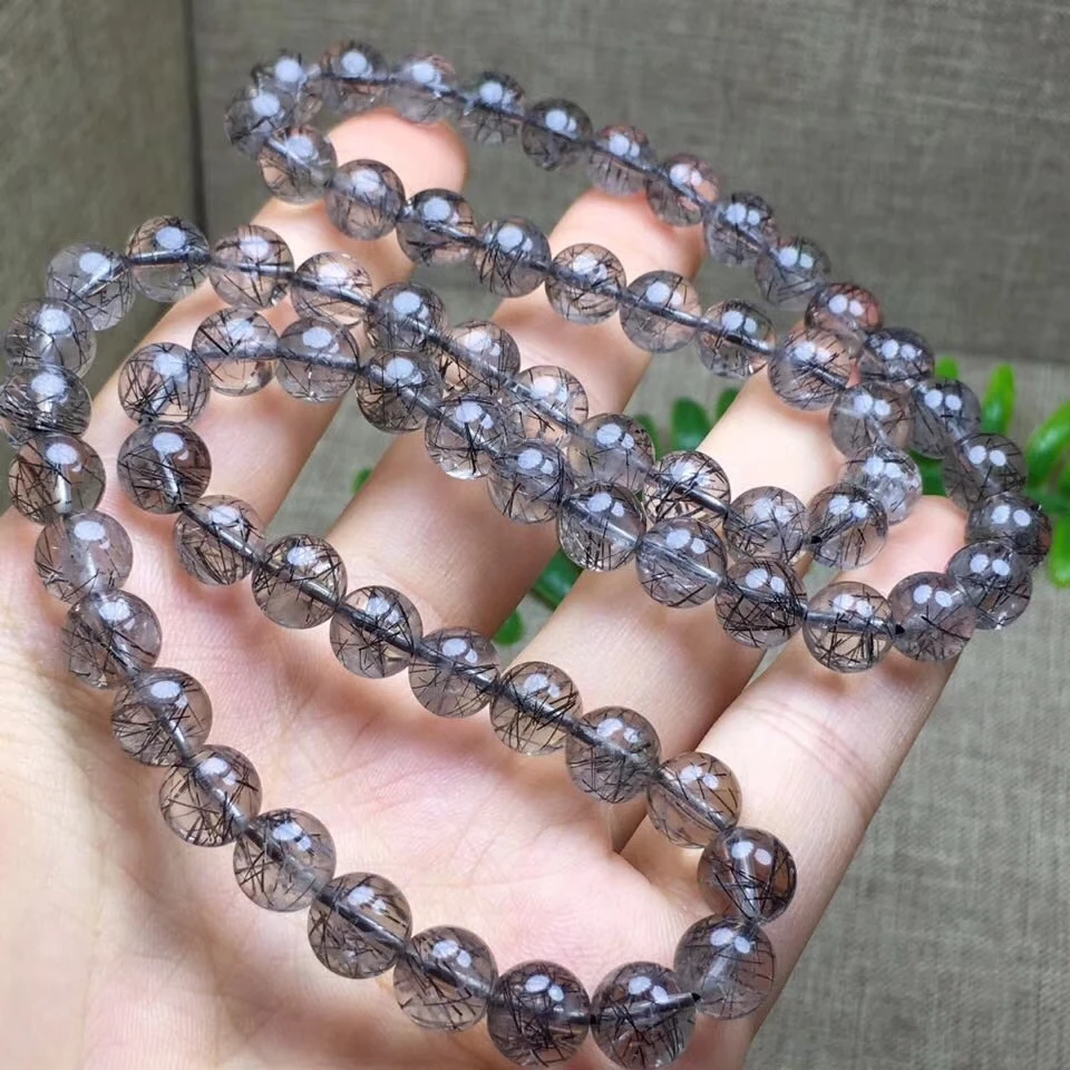 7.7mm Genuine Natural Black Rutilated Quartz Crystal Bracelet From Brazil For Women Men 3 Laps Clear Round Beads Stone AAAAA