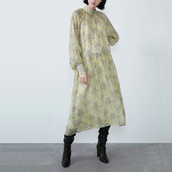 

Fall Women casual dress flower print high-necked long-sleeved dress Vestidos