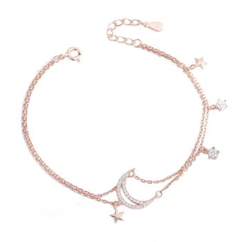 

925 Sterling Silver Star Moon Double Layer Bracelet Female Temperament Non-Mainstream Normcore Style Girlfriends Hand Jewelry