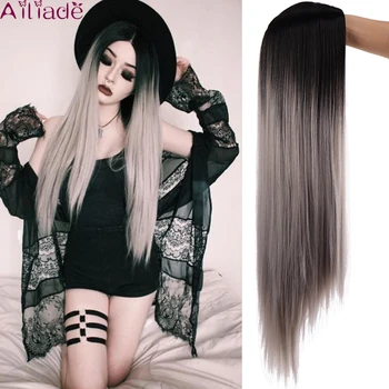 

AILIADE Long Straight Heat Resistant Synthetic Wig Mixed Black and Grey Long Wigs for White /Black Women Middle Part Nature Wigs