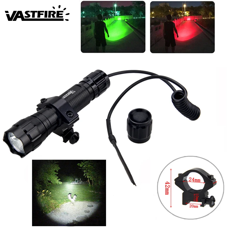 

White/Green/Red LED Tactical Hunting Flashlight ON/OFF Mode Military Torch with Rifle Mount + Remote Pressure Switch No Battery
