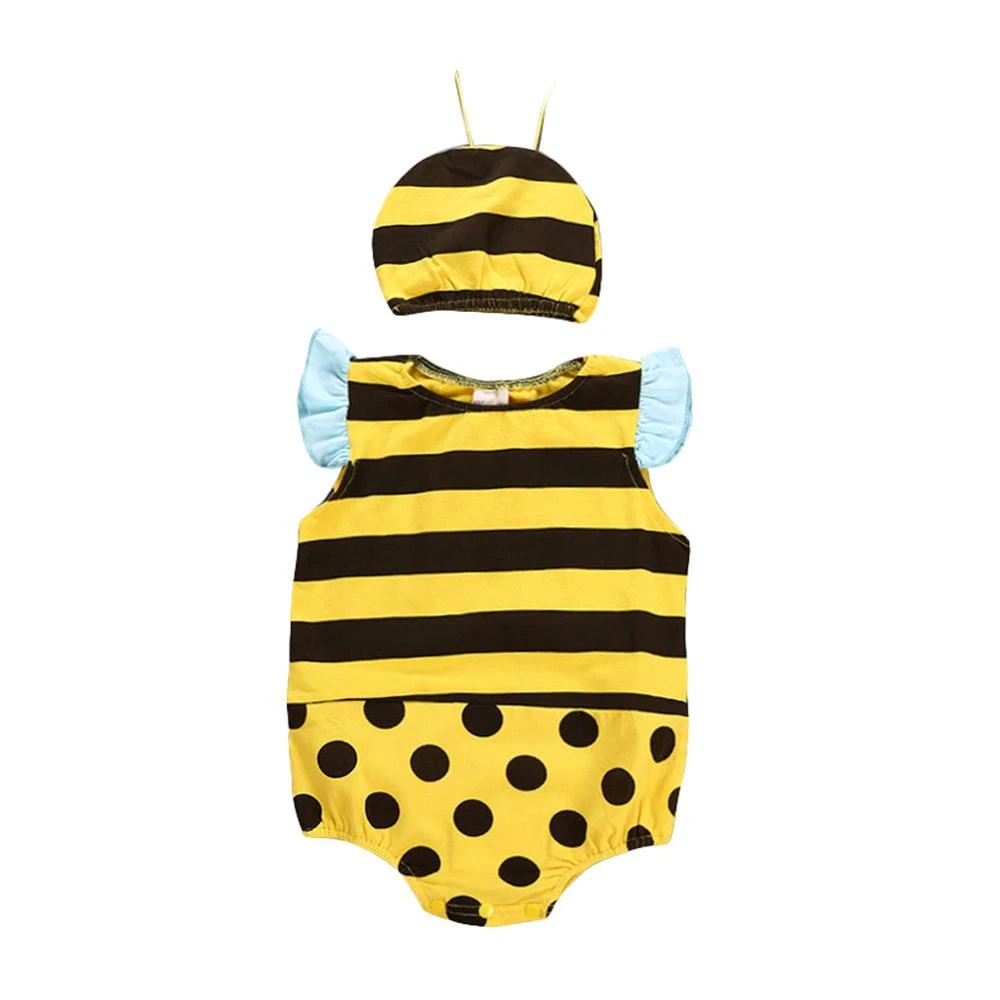 Infant Toddler Boys Girls Little Bee Animal Clothes 2 Pieces Sleeveless Romper with Hat Sets Summer Yellow Striped Climbing Suit best Baby Bodysuits