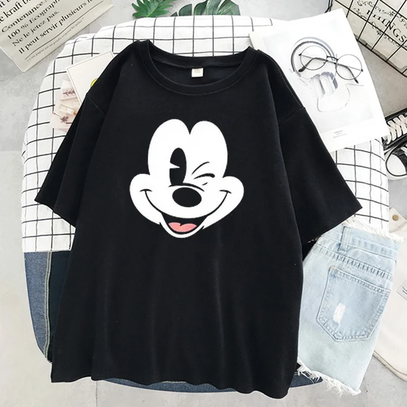 Disney Kawaii Mickey Mouse Summer T-shirt Ladies Black Top Ladies Casual O-Neck Top Ladies Kormen Korean Style Harajuku Clothing t shirt palm angels Tees