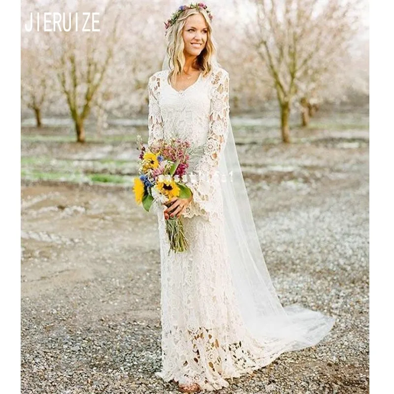 

JIERUIZE Elegant Lace Sheath Wedding Dresses V Neck Long Sleeves Zipper Back Vintage Wedding Gowns vestido de noiva Bridal Gowns
