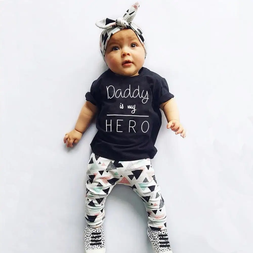 T-Shirt Headband Outfits-Set Pants Clothes-Daddy-Is-My-Hero Baby-Girl Summer Newborn