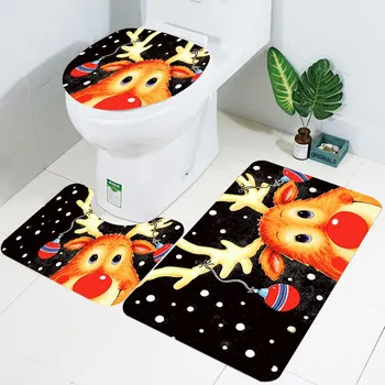 

Christmas printing shower curtain carpet floor mat 3-piece bathroom toilet mat bathroom curtain set.