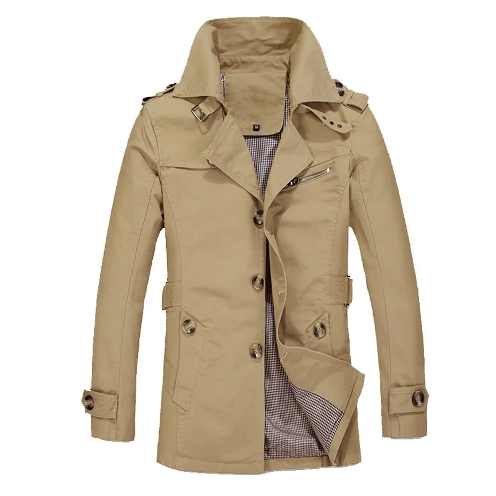 Мужская ветровка, зимний теплый плащ, пальто, верхняя одежда, узкий длинный плащ, пальто на пуговицах, новая модная мужская куртка на пуговицах, ветровка - Цвет: Khaki