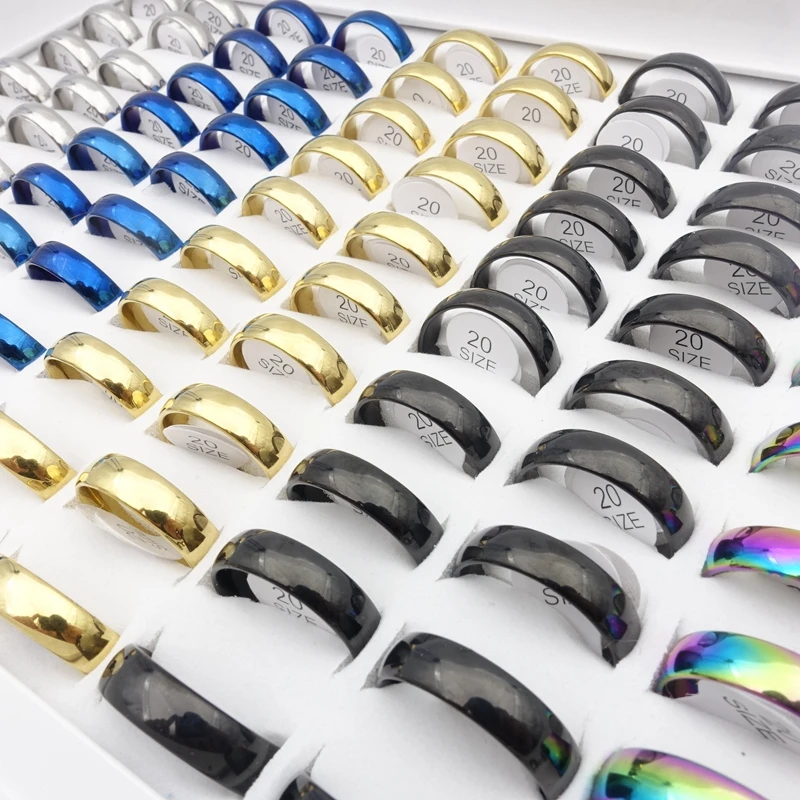 MIXMAX 100pcs Stainless Steel Rings For Men Women Mix 5 Colors Width 6mm Fashion Jewelry Wedding Band Couple Ring Wholesale Lot