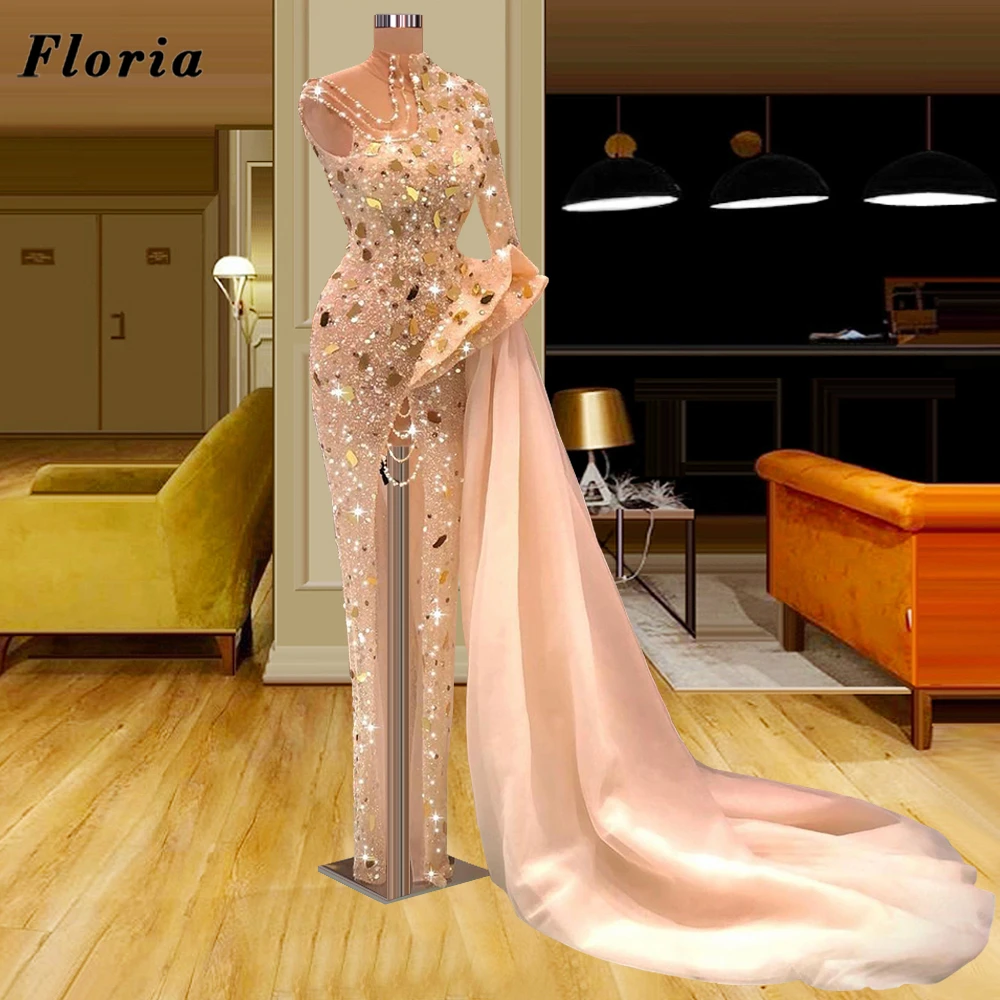 

Floria 2021 New Arrival See Through Party Dress Robe De Soirée Beaded Crystal Prom Dresses Couture Dubai Evening Dresses Dubai