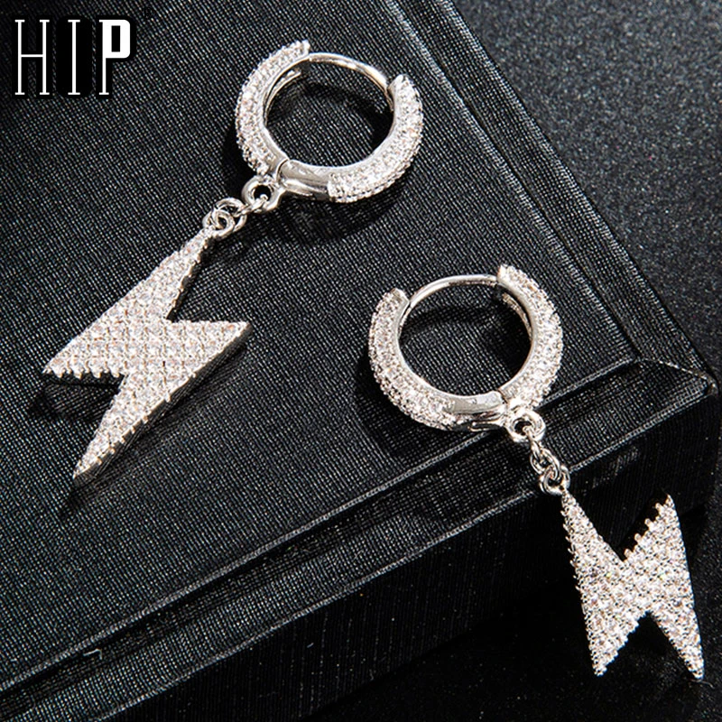 Hip Hop 1Pair Iced Zircon Lighting Earring Gold Color Micro Paved AAA+