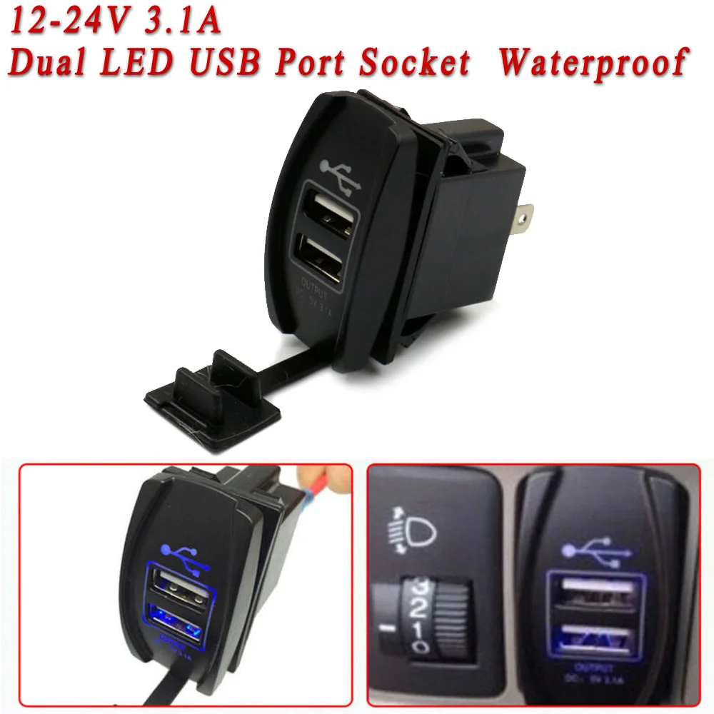 

1PC DC 12-24V 3.1A Dual LED USB Car Auto Power Supply Charger Port Socket Black Waterproof Dustproof