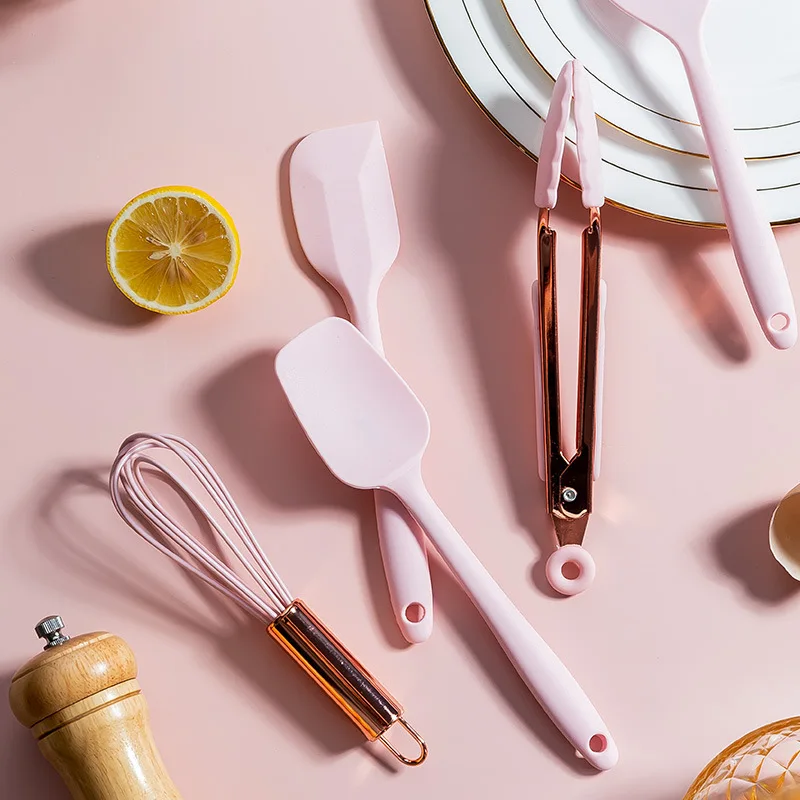 Multipurpose Kitchen Cake Tool Set Silicone Scraper Oil Brush Egg Whisk Spatula Cooking Utensil Pink Kitchenware