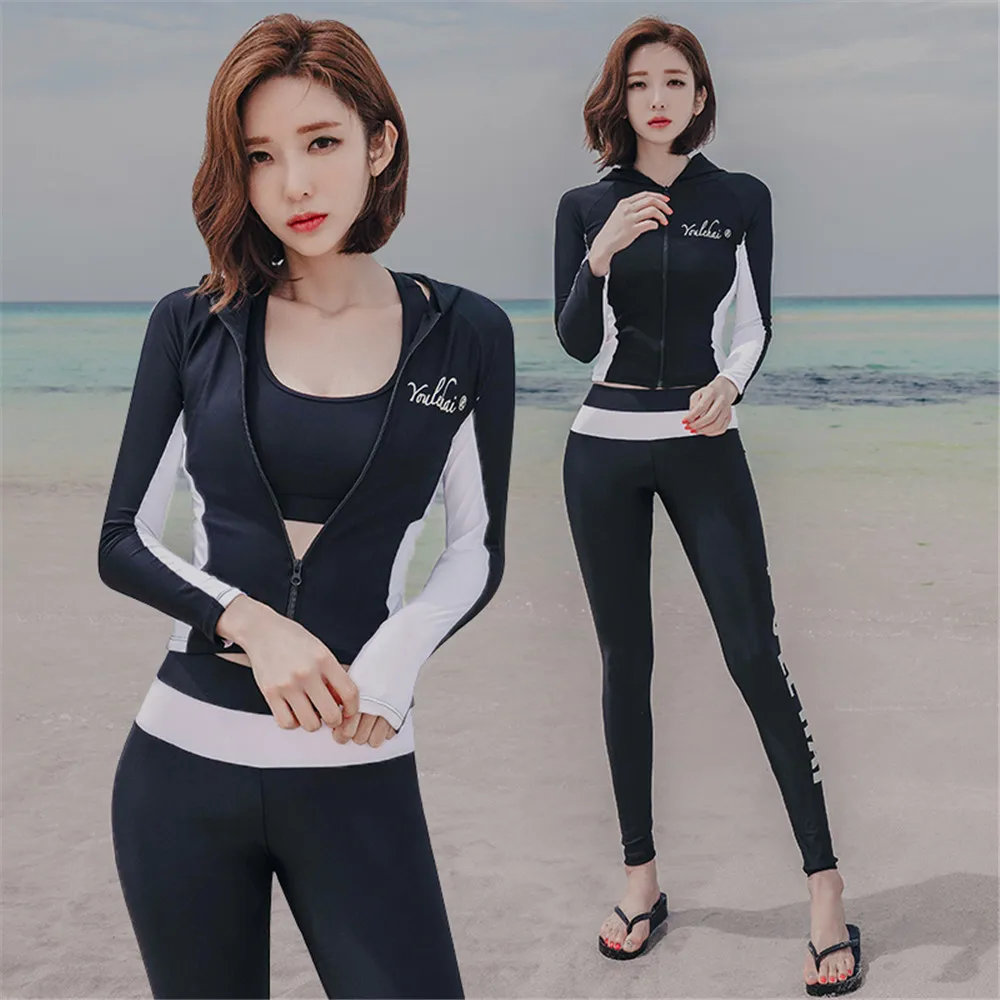 Long Sleeve Rash Guard Women Solid Two Piece Swimsuit Push Up Swimwear 3 Sets Surfing Suit Long Panties Bathing Suits Korea Pad