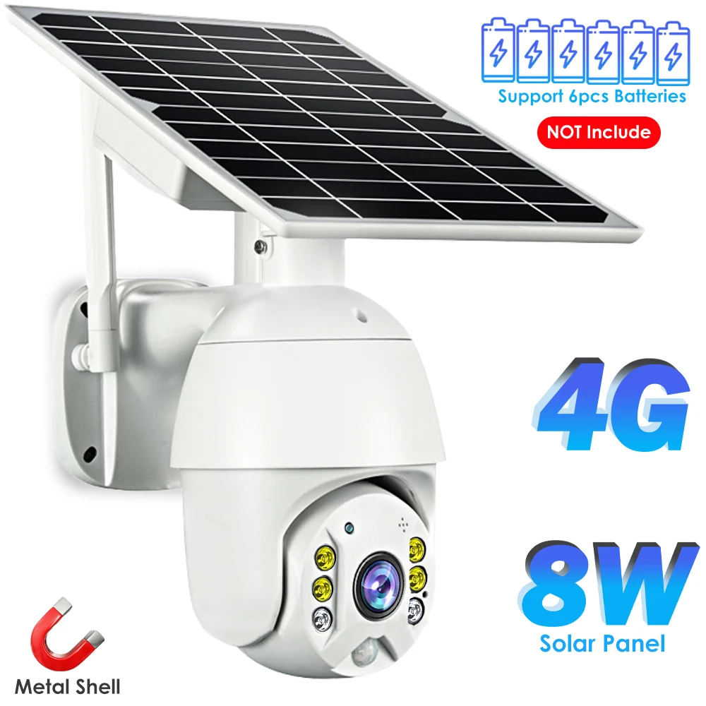 4g cartão sim câmera ip ao ar livre ptz cctv câmera wi-fi 8w painel solar bateria recarregável sem fio de metal câmera segurança pir alarme