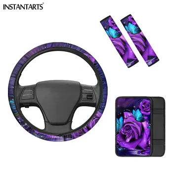 

INSTANTARTS Glowing Butterfly Prints 4pcs/Set Steering Wheel Protector Slip-Resistant Universal Car Armrest Cover Seatbelt Cover