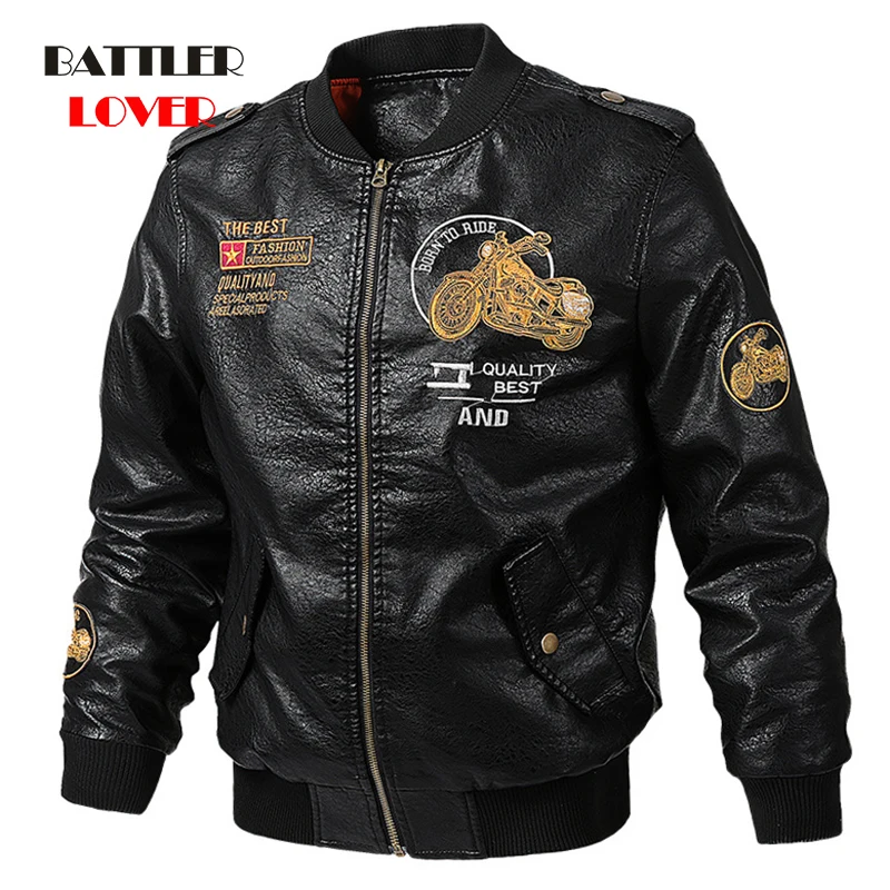 Autumn Winter Genuine Leather Men Spring Motorcycle Biker Leather Jacket Coats Male Embroidery Bomber Pilot Punk Hip Hop Clothes