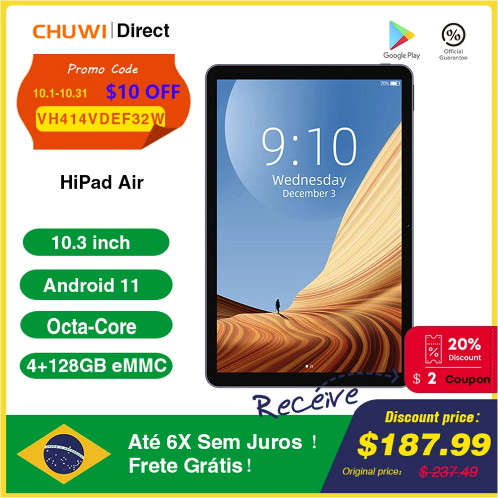 CHUWI HiPad Air планшет экран 10 3 дюймов Восьмиядерный 4 Гб ОЗУ 2176 ПЗУ | Компьютеры и офис