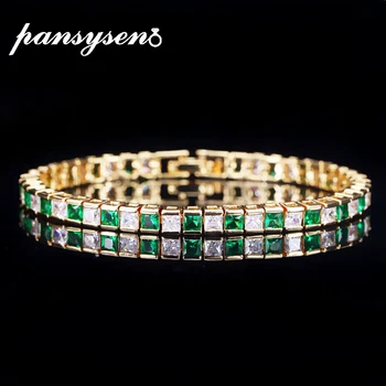 

PANSYSEN 18K Gold Color Luxury Real 925 Silver Jewelry Bracelets for Women With Green Blue White AAAA Zircon Fashion Party Gift