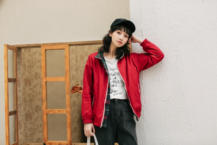 Корейская женская Двухсторонняя куртка с длинным рукавом Harajuku карманы пальто Женская клетчатая Свободная куртка на молнии осень