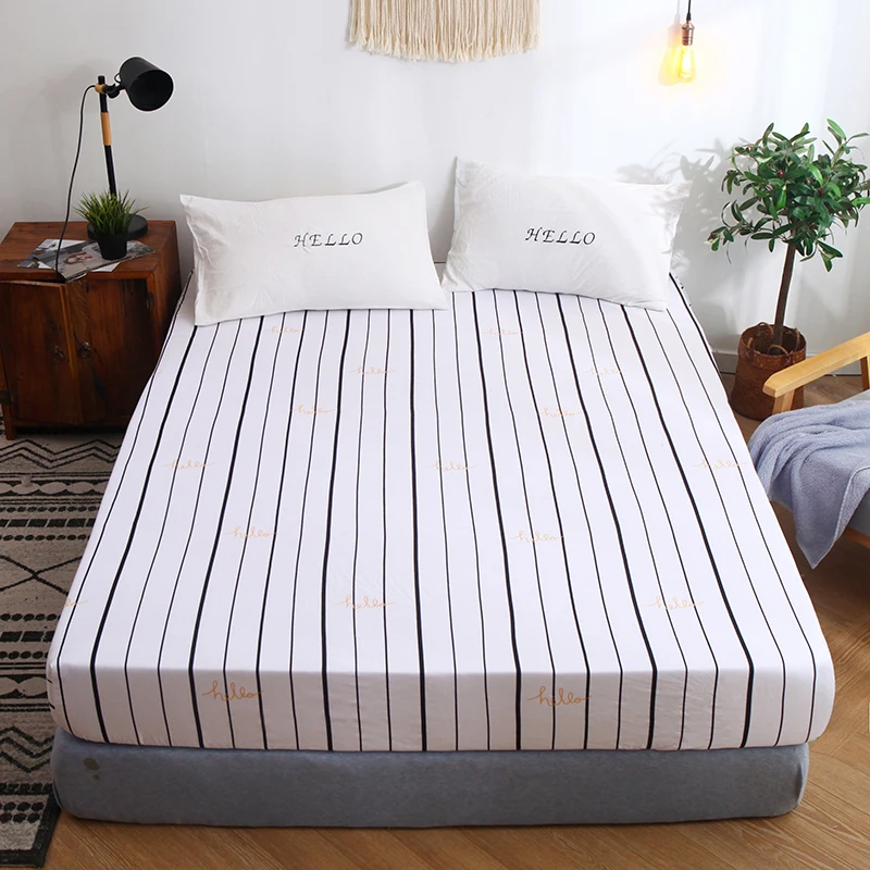 BedCover Simplicity Pure Pattern Printing Brushed Fitted Sheet Mattress Cover With Elastic Band Soft Bedding Linens Home Textile