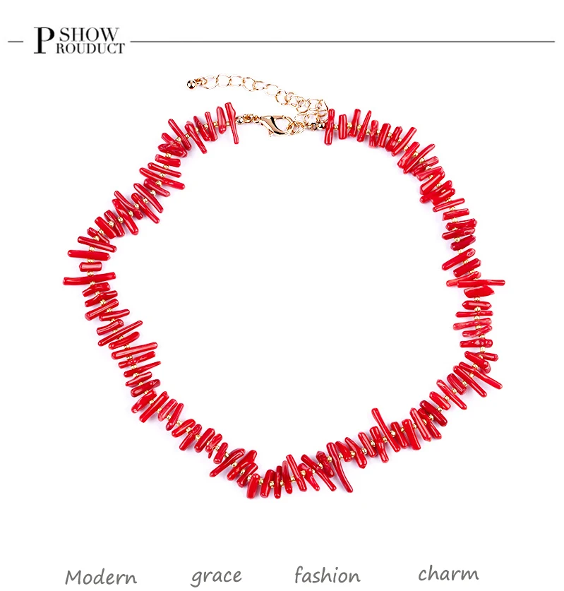 Bohemian Red Coral Halsketten für Frauen Vintage Halsband Shell Anhänger Erklärung Party Schmuck Stein Perle Kette Bohemian Red Coral Halsketten für Frauen Vi_voghion.com