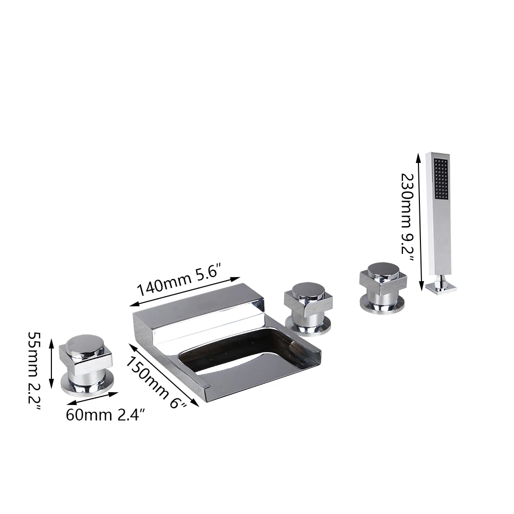 Monite Solid Brass 5 шт Водопад ванна смеситель для душа Установить Chrome 3 Рукоятки Deck Маунт