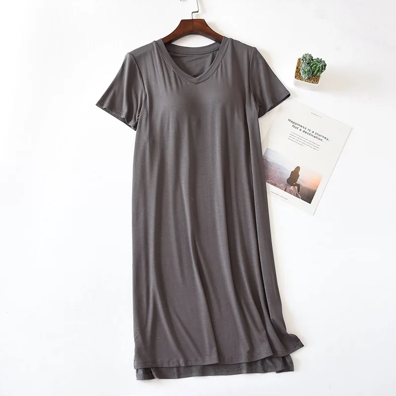 Women Solid Modal Nightdress With Chest Pad Comfort Short Sleeve