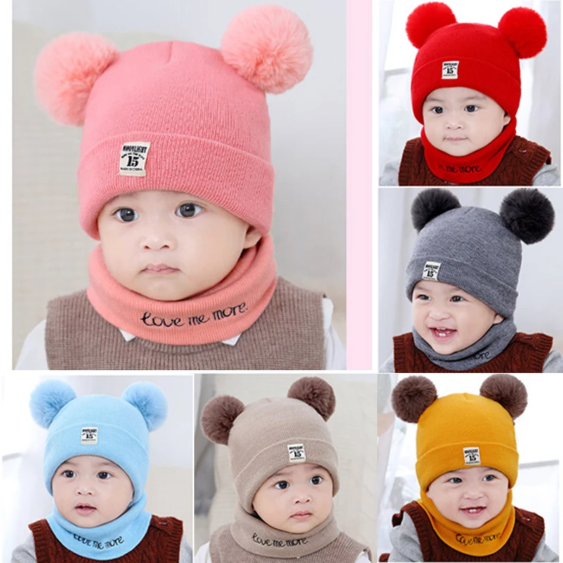 New 6Colors Baby Toddler Girls Boy Infant Warm Winter Knit Beanie Hat Ski Ball Hat Scarf Set