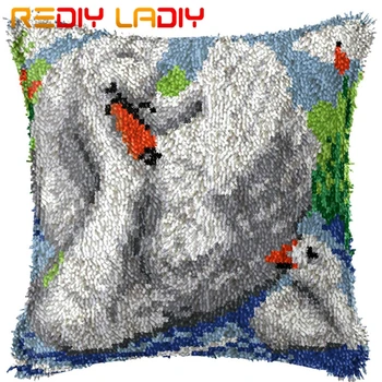 

Latch Hook Cushion Swan Family Pre-Printed Canvas Cushion Front Acrylic Yarn Crochet Pillow Case Kits Hobby & Crafts Home Decor
