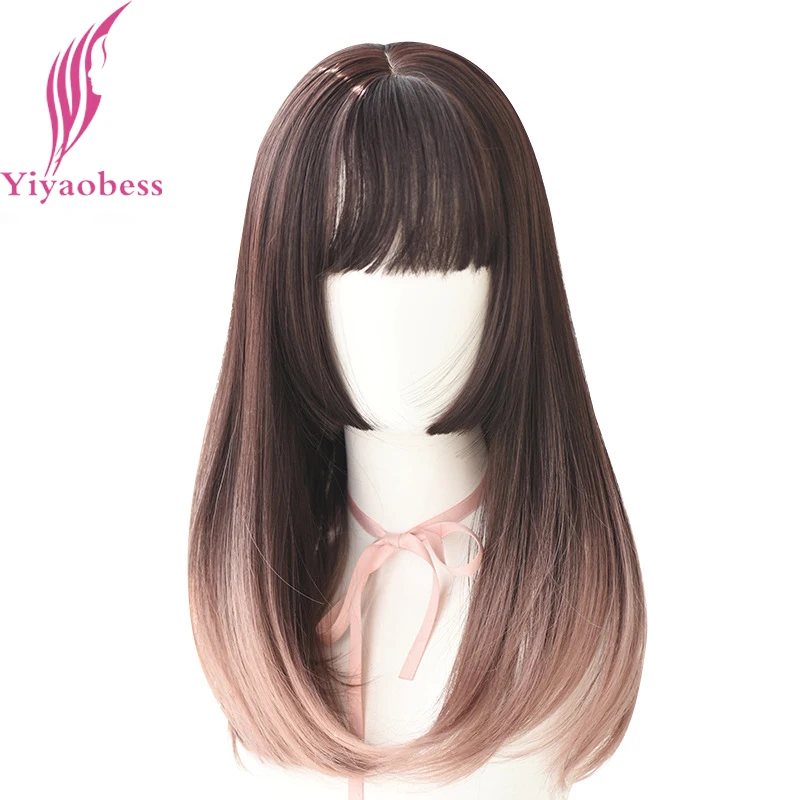 

Yiyaobess Synthetic Medium Long Straight Linen Grey Ombre Wig With Bangs Chocolate Brown Natural Hair Wigs For Women