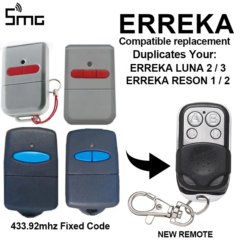 ERREKA-mando a distancia para puerta eléctrica, mando a distancia, barrera de garaje, llave de código fijo, Fod, 433,92 Mhz, LUNA, ERREKA, RESON