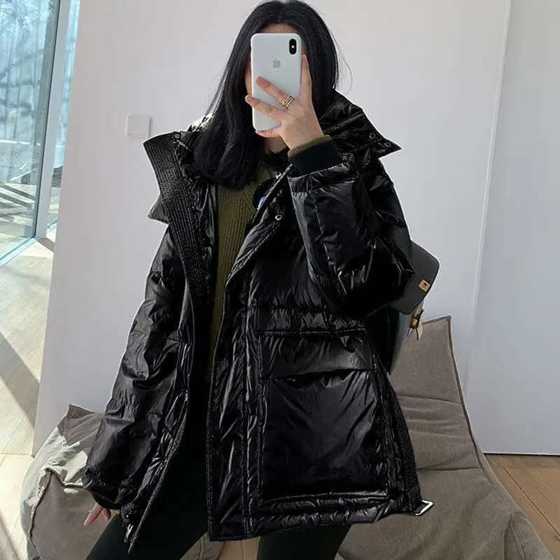 Casual Loose Glossy Hooded Down Jacket Women Fashion Solid Winter Thick Warm White Duck Down Coats Female Elegant Belt Parkas black parka