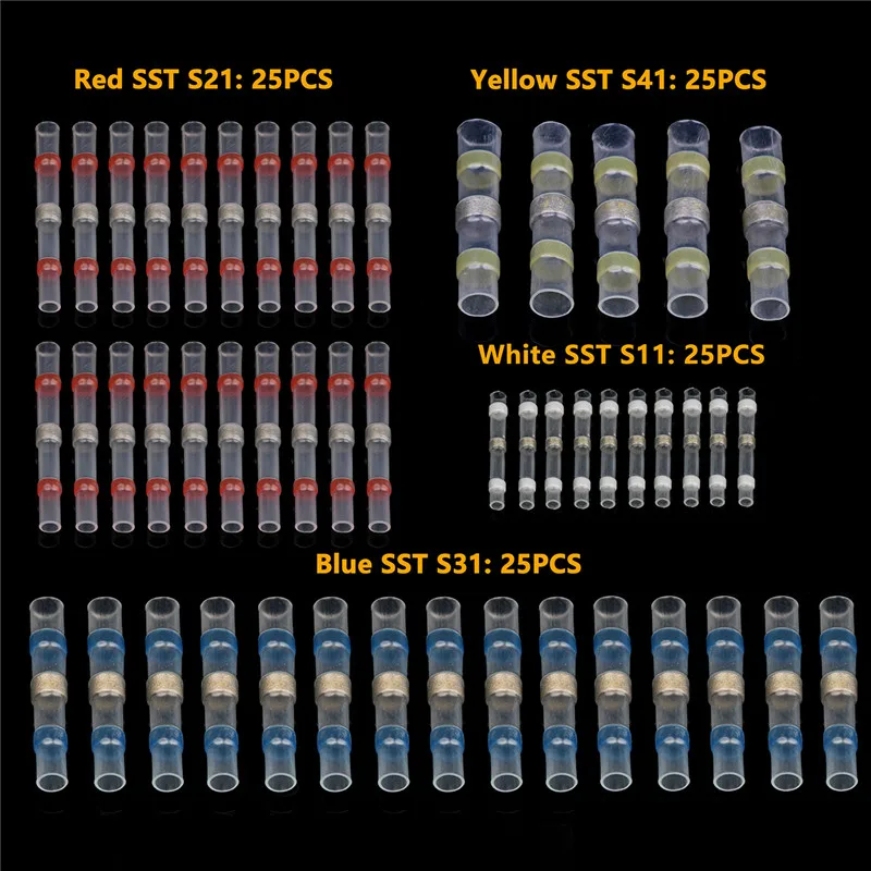 100 шт. AWG 26-10 припой рукав провода уплотнение термоусадочные стыковые клеммы СОЕДИНИТЕЛЬ 4 размера водонепроницаемый изолированный провод соединитель