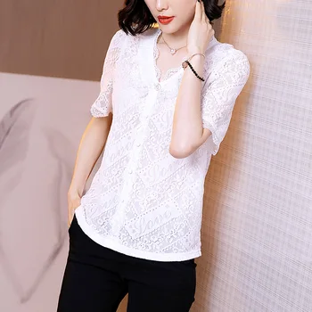 

Female Fashion White Pleated Lace Shirt Womens 2020 Summer New V-neck Short-Sleeve Pullover Button Blouse Top Women's Shirts