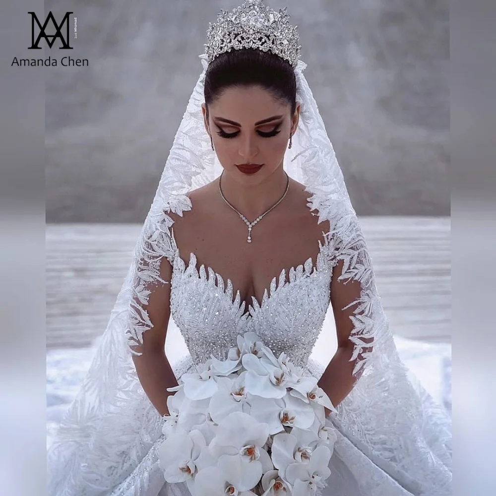 Abendkleider/роскошное свадебное платье с длинными рукавами и кружевной аппликацией в Дубае