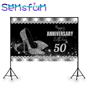 

xq0383 Glitter Diamond Custom 50th Birthday Backdrop for Photography Black and Silver Heels Anniversary Background Photo Studio