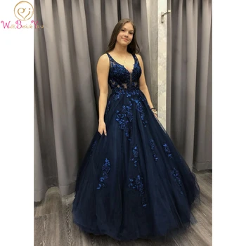 

Dark Blue Evening Dresses Ball Gown Tulle Lace Long Prom Gown Formal Deep V Neck Sleeveless Walk Beside You Party Graduation