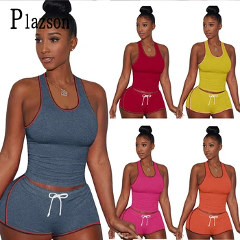 

2020 Summe r Women Sleeveless Crop Top And Shorts Casual Women Set Gray Red Yellow Sport Two Piece Set 2pc Outfits streetwear