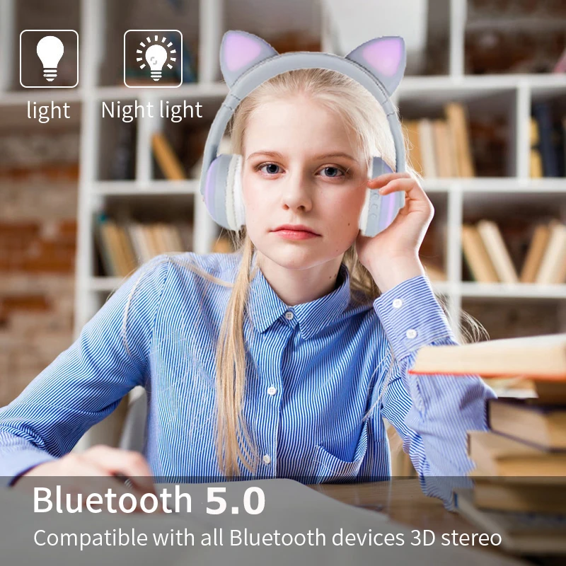 JINSERTA Kids Cat Ear Headphones Bluetooth 5 0 Glowing Stereo Headset Noise Cancelling Music Earphone for Phone PC Birthday Gift