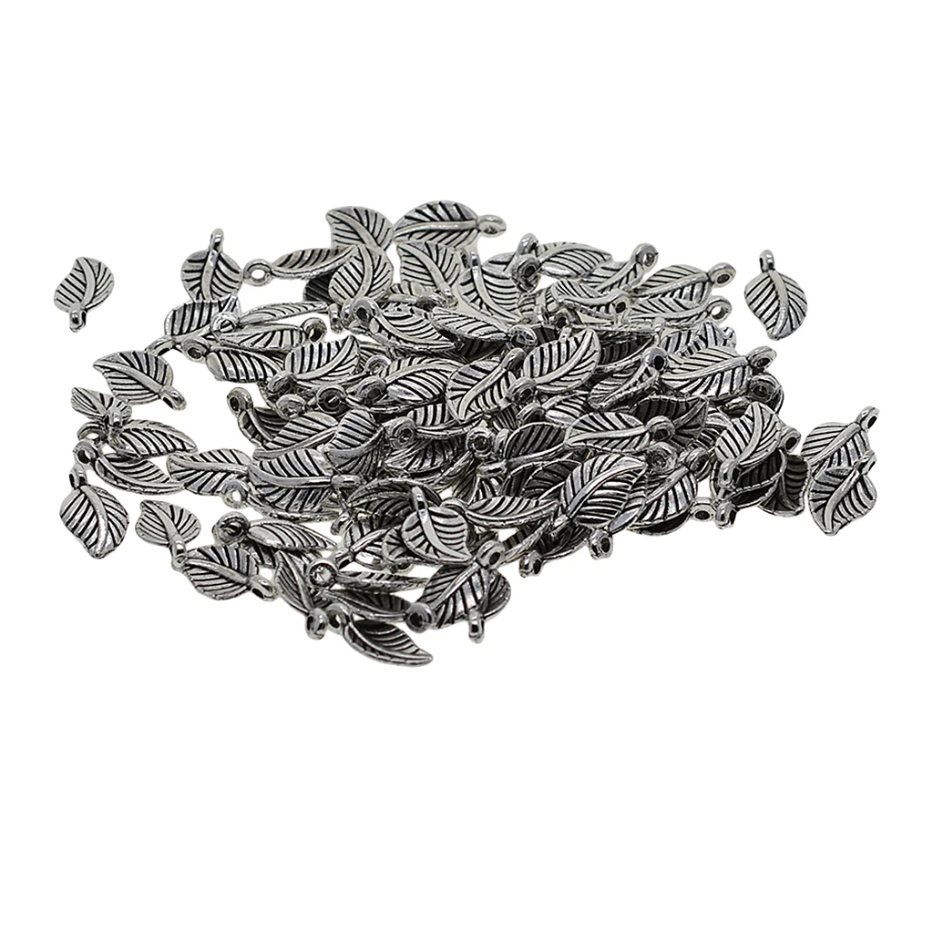 100x Retro Antique silver color Leaf Charms Dangle Beads DIY Pendant Jewelry Craft