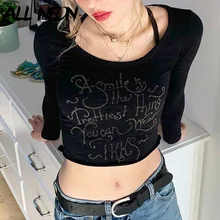 ALLNeon Cute E-girl Streetwear Open Shoulder Shinny Print Black T-shirts Y2K Aesthetics O-neck Long Sleeve Crop Tops Spring Tees