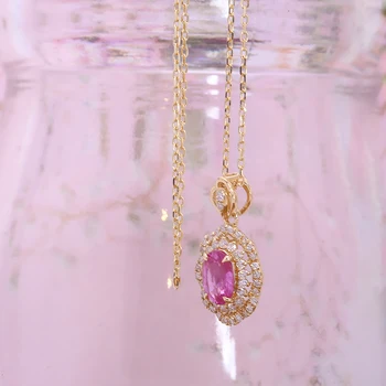 AEAW 18K Yellow Gold 0.778ct Pink Sapphire Engagement Pendant Necklace Side Diamond Pendants Accessories Women Romantic Gift 5